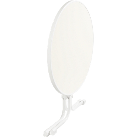 A freestanding, white table with a round tabletop. The table legs are made of curved metal tubes.