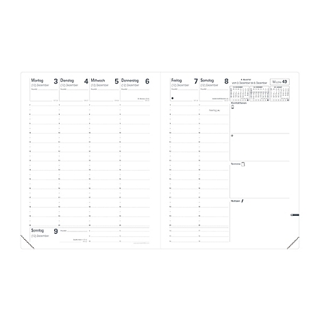 Carnet ouvert, aperçu hebdomadaire. Page de gauche : lundi à mercredi. Page de droite : jeudi à dimanche avec aperçu du calendrier.