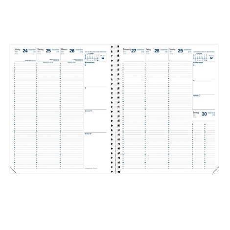 Carnet ouvert avec calendrier, police bleue. La reliure spirale est au milieu.