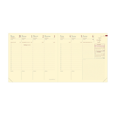Geöffnete Seite eines Kalenders, Tagesansicht mit Spalten für Notizen und einem Monatskalender.