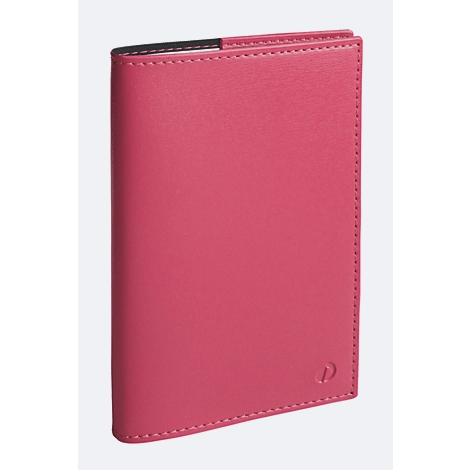 Un portefeuille en cuir rose avec des coutures claires, un bord noir et un petit logo.