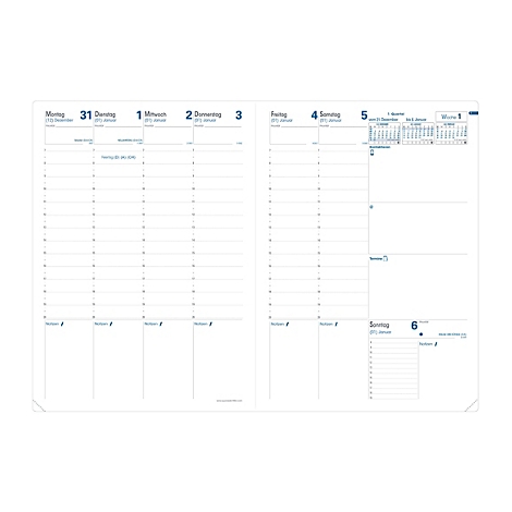 Carnet ouvert avec pages de calendrier. Dates en bleu.