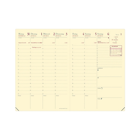 Aufgeschlagener Kalender, cremefarbenes Papier mit Wochenübersicht. Kalender für Januar mit Miniatur-Monatsübersicht und Tageseinträgen.