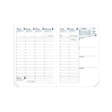 Aufgeschlagener Kalender mit Wochenansicht, Daten und Uhrzeiten. Kalender enthält Wochentage, Datumsangaben und eine Monatsübersicht.