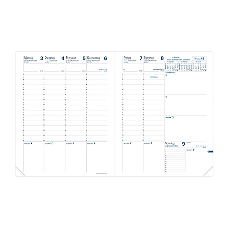 Doppelseite eines Wochenplaners mit blau-grauen Linien und Schrift. Tage von Montag bis Sonntag, mit Zeiteinteilung und Kalendermonaten.