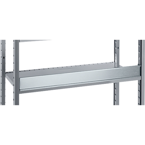 Metal shelving unit with multiple levels. Gray color, clear structures. Horizontal boards and vertical supports.
