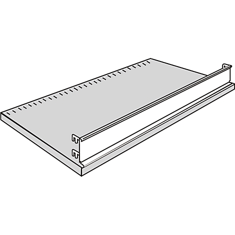 Gray shelf with row of holes and metal edge.