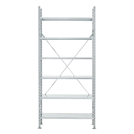 A gray storage rack with six shelves, stabilized by diagonal struts, against a white background.