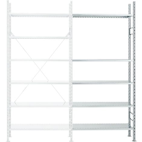 Metal shelf against a white background, six shelves, metal frame with struts.
