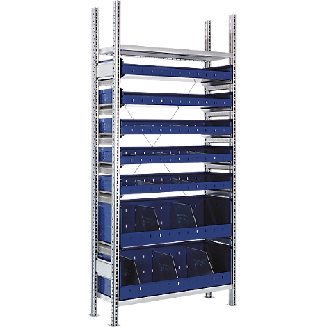 A metal shelf with blue plastic containers. The shelves are arranged in different sizes and arrangements.