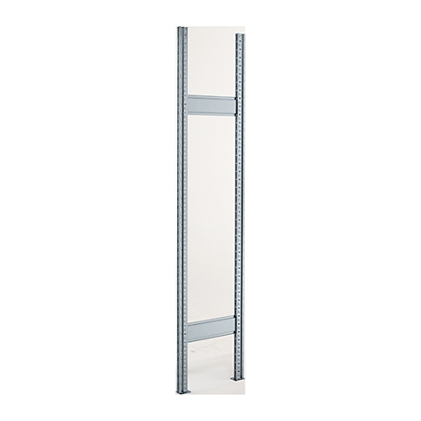 Metal shelf frame with two crossbars. Gray color, for the construction of a shelving system.