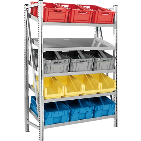 Metal shelf with colorful plastic boxes in red, gray, yellow and blue.