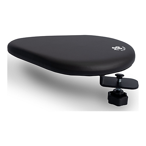 Accoudoir ovale noir avec support. Logo en haut. Support avec vis et bouton.