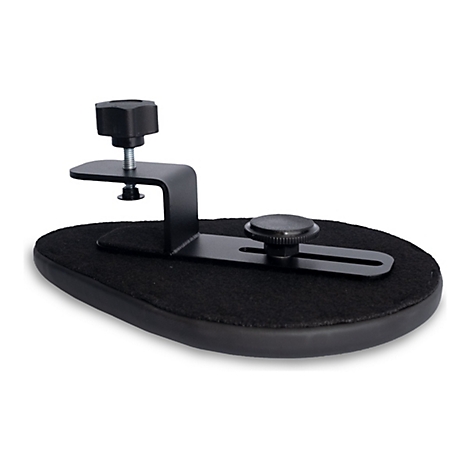 Accoudoir noir avec serre-joints et montage sur base ovale. Tissu en feutre noir sur la base.