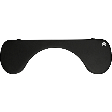 Black, ergonomic keyboard rest in wave shape with logo.
