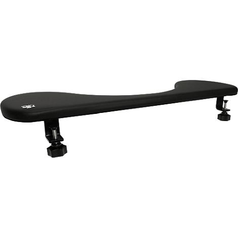 Black armrest for attachment to a desk. Shaped like a long cast. Fastening with screws and brackets.