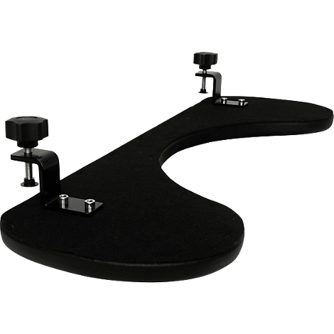 Black armrest with two screw clamps for attaching to a desk edge.
