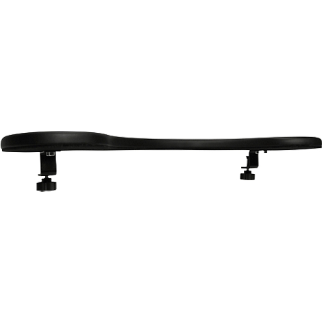 Black armrest with two brackets. The brackets are attached to the ends of the armrest and each have a rotary knob.
