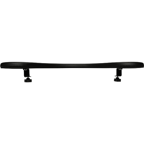 Black armrest with two brackets and adjustment wheels.