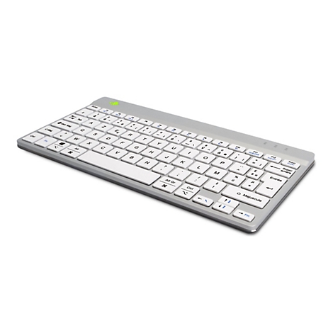 Vue de dessus d'un clavier gris avec des touches blanches et des marquages français, sur fond blanc.
