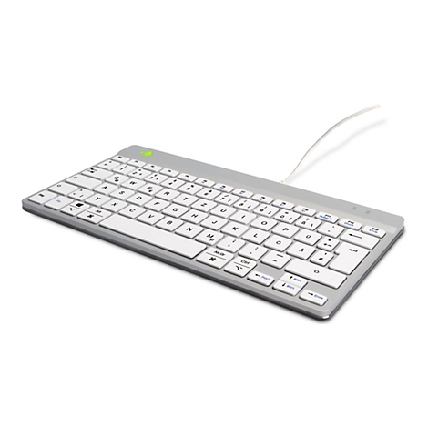 Clavier d'ordinateur gris clair avec des touches blanches et une connexion par câble sur fond blanc.