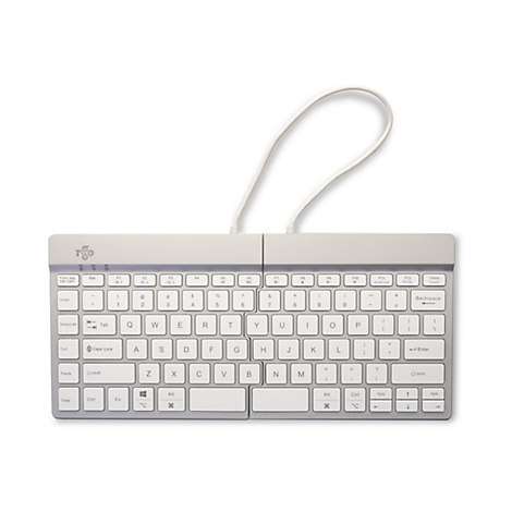 Clavier divisé gris clair avec touches et câble blancs. Le clavier porte le logo "T.go".