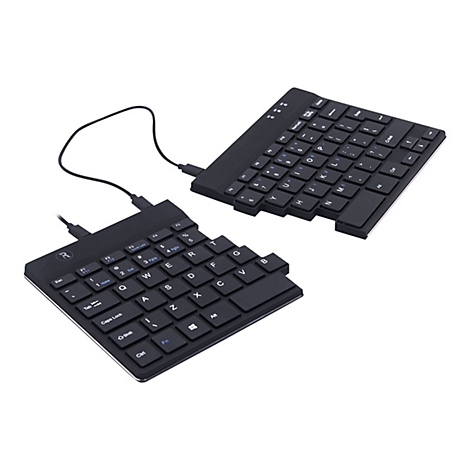 Clavier noir divisé avec câble, étiquettes des touches en blanc, isolé sur fond blanc.