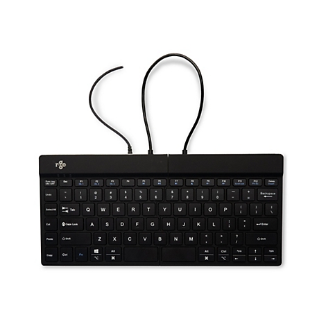 Clavier noir divisé avec câble. Les touches sont étiquetées, lettres, chiffres et caractères spéciaux.