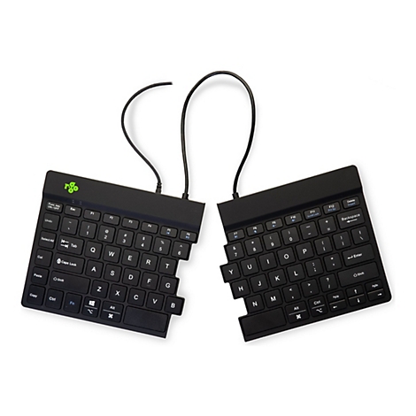 Clavier divisé noir avec connexion par câble. Le clavier a des étiquettes blanches et est présenté sur un fond blanc.