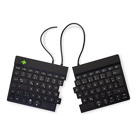 Clavier divisé noir avec connexion par câble. Les lettres et les caractères spéciaux sont imprimés en blanc. Il y a des touches de fonction et une marque de logo en haut à droite.
