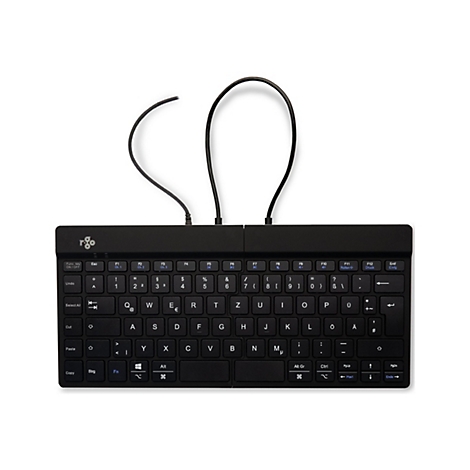 Clavier noir divisé avec des câbles. Le clavier comporte les lettres et caractères spéciaux habituels, ainsi que des touches de fonction.