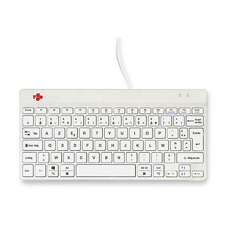 Weiße, kabelgebundene R-Go Tools Kompakt-Tastatur mit französischem AZERTY-Layout auf weißem Hintergrund.