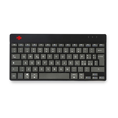 Schwarze kompakte Tastatur mit QWERTY-Layout und rotem Firmenlogo oben links vor weißem Hintergrund.