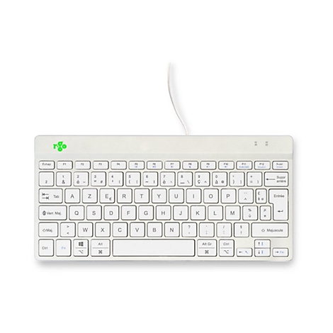 Weiße kompakte R-Go Tools Computertastatur mit französischem AZERTY-Layout und Kabel auf weißem Grund.