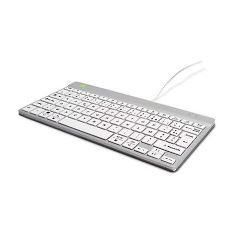 Weiße, kabelgebundene Tastatur mit flachen Tasten und französischem Layout auf weißem Hintergrund.