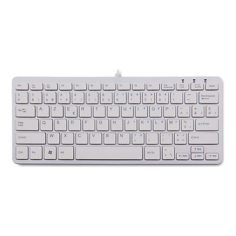 Hellgraue Computertastatur mit weißer Beschriftung auf weißem Hintergrund. Alle Tasten sind sichtbar. Der Text auf den Tasten ist erkennbar.