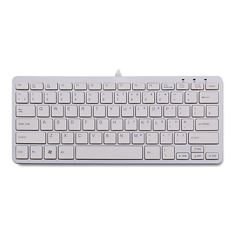 Hellgraue Kompakt-Tastatur von oben gesehen. Tasten sind beschriftet.