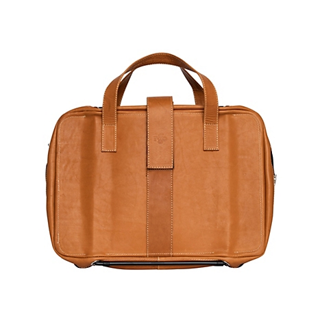 Hellbraune Ledertasche mit Tragegriff und Verschlussriemen.