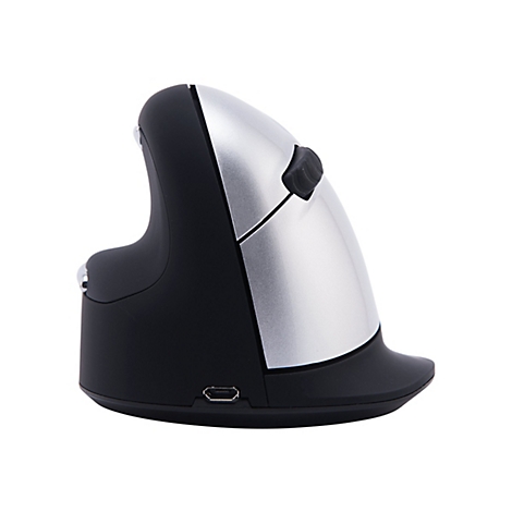 Ergonomische Maus in Schwarz und Silber vor weißem Hintergrund. Vertikales Design mit Daumenauflage.