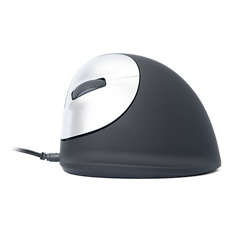 Ergonomische Vertikalmaus in Schwarz und Silber, mit Kabelanschluss. Auf weißem Hintergrund.