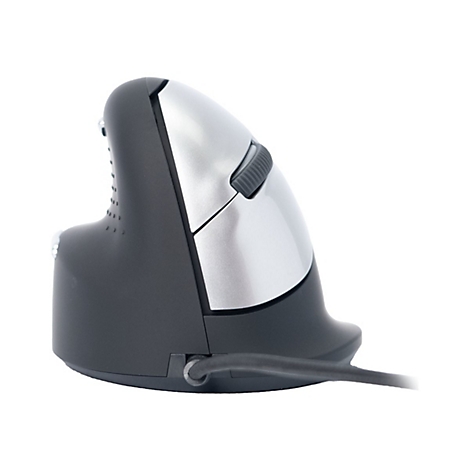 Ergonomische Maus in Schwarz und Silber. Die Maus hat eine vertikale Form mit Scrollrad.