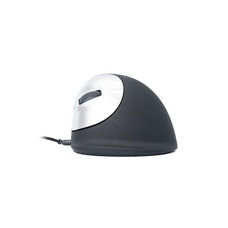 Vertikale, ergonomische Computermaus in Schwarz und Silber mit Kabel vor weißem Hintergrund.