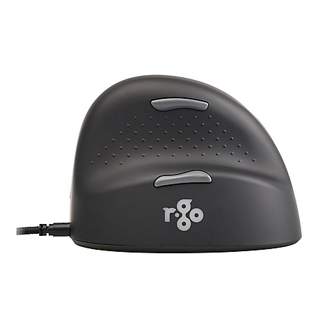 Vertikale R-Go Tools Maus in Schwarz mit zwei Seitentasten und Firmenlogo auf weißem Hintergrund.