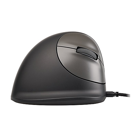 Dunkelgraue, ergonomische Vertikal-Maus mit Mausrad auf weißem Hintergrund.