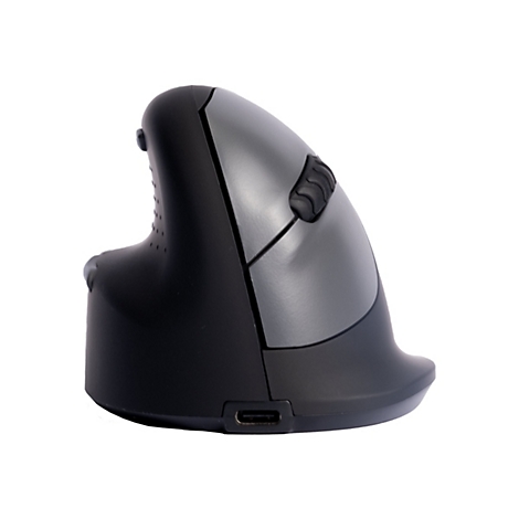 Ergonomische Vertikalmaus in Schwarz und Grau, mit seitlichen Tasten und USB-Anschluss.