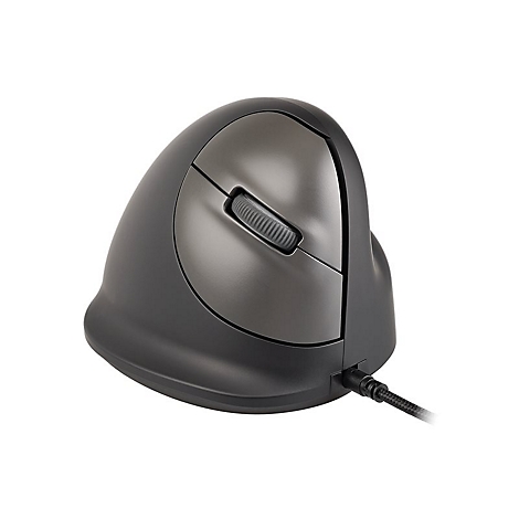 Vertikale, dunkelgraue ergonomische Computermaus mit Kabel vor weißem Hintergrund.