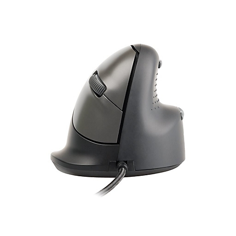 Seitliche Ansicht einer grauen, ergonomischen Vertikalmaus mit Kabel vor weißem Hintergrund.