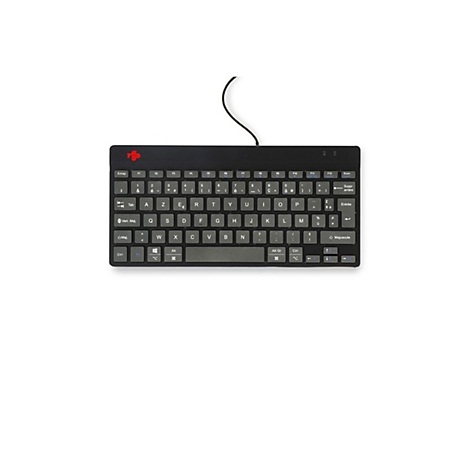 Schwarze kabelgebundene AZERTY-Tastatur mit rotem Logo oben links vor weißem Hintergrund.