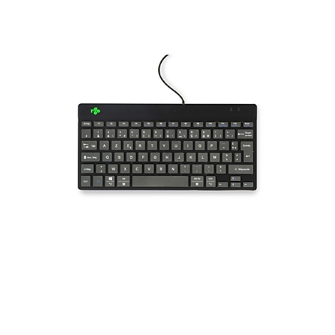 Schwarze, kompakte AZERTY-Tastatur mit Kabelanschluss und grünem r-go Logo in der linken oberen Ecke.