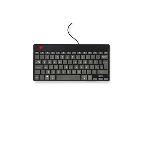Schwarze, kabelgebundene Kompakt-Tastatur mit weißer Beschriftung und einem kleinen roten Logo oben links.